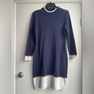 Navy and White Long Sleeve Dress with Button Detail